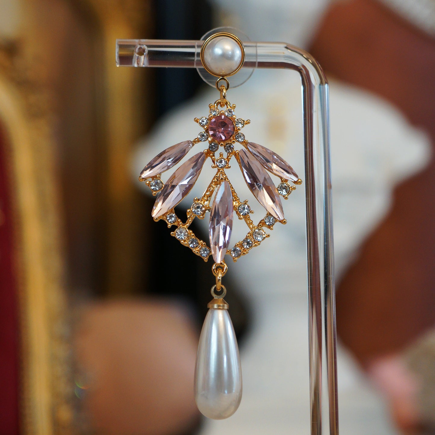 Fan-shape Crystal Petal Pearl Drop Earrings