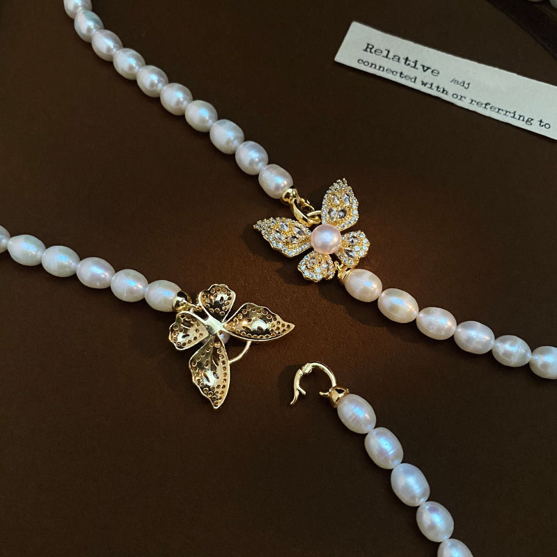 Elegant Freshwater Pearl Necklace with 18K Gold Plated Butterfly Charm