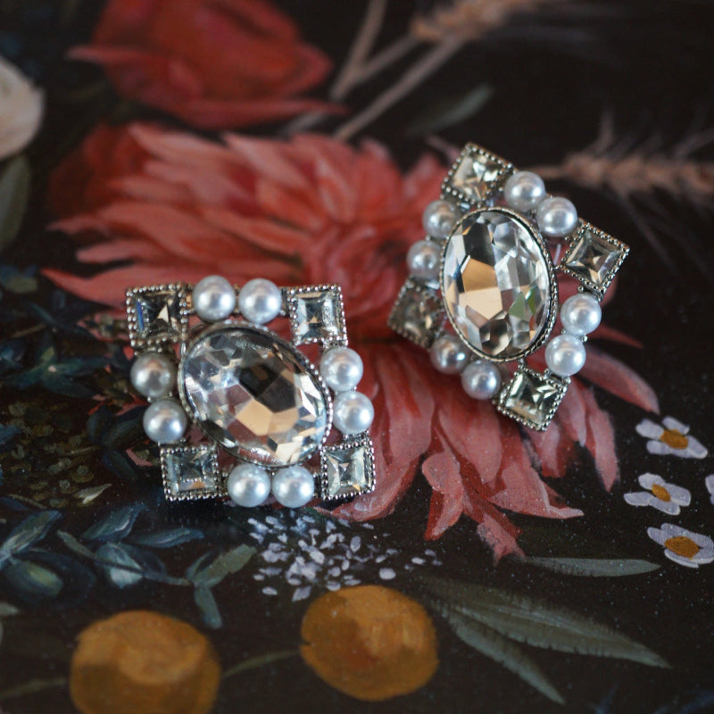 Victorian Crystal Pearl Square Stud Earrings