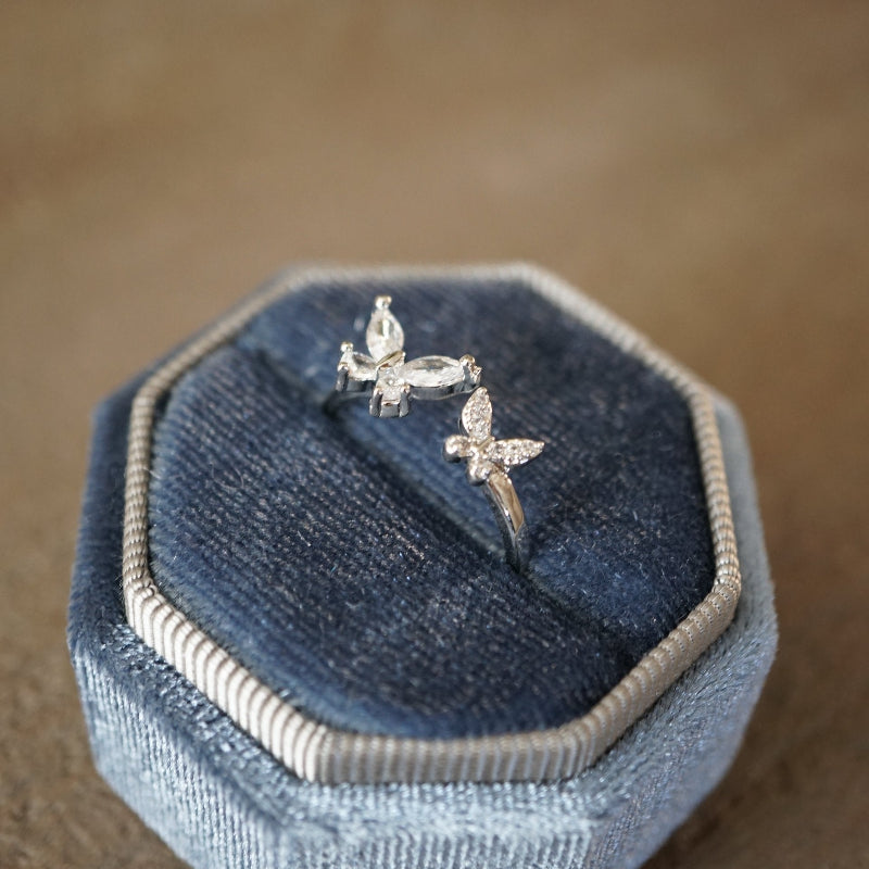 RosyCozy Double Butterfly Ring with sparkling crystals, 18K white gold plated finish