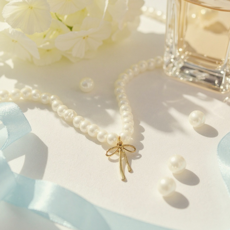 Elegant pearl necklace with gold bow pendant displayed with perfume and blue ribbon background, luxury feminine jewelry product