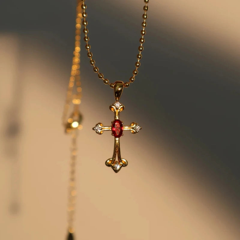 18k Gold-Plated Cross Pendant Necklace with Red Zircon