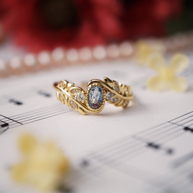 Blue Zircon Vine Ring Vintage 18K Gold Plated