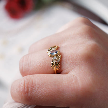 Blue Zircon Vine Ring Vintage 18K Gold Plated