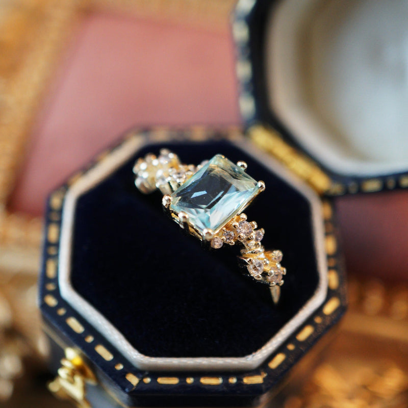 RosyCozy Candy Blue Topaz Ring with rectangle-cut stone, 14k gold plated vintage design