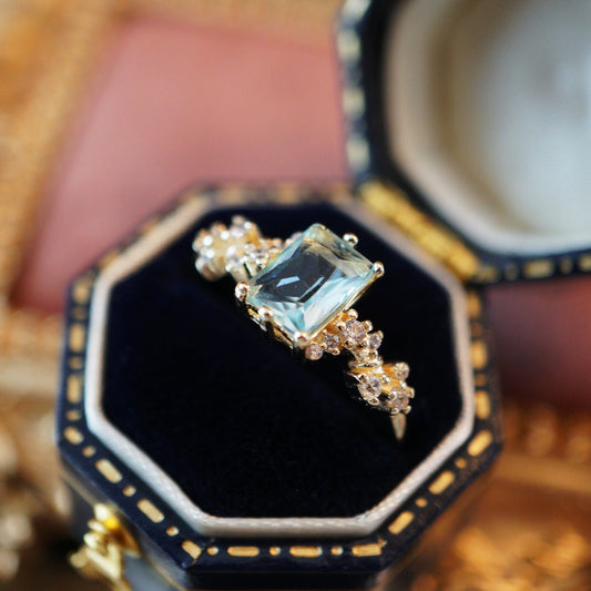 RosyCozy Candy Blue Topaz Ring with rectangle-cut stone, 14k gold plated vintage design