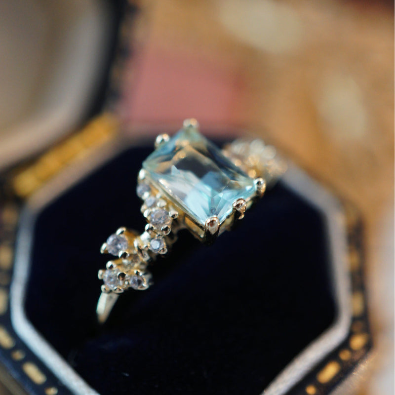 RosyCozy Candy Blue Topaz Ring with rectangle-cut stone, 14k gold plated vintage design
