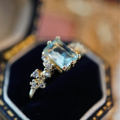 RosyCozy Candy Blue Topaz Ring with rectangle-cut stone, 14k gold plated vintage design