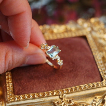 RosyCozy Candy Blue Topaz Ring with rectangle-cut stone, 14k gold plated vintage design