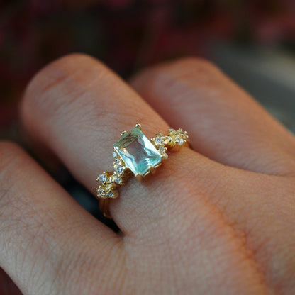 RosyCozy Candy Blue Topaz Ring with rectangle-cut stone, 14k gold plated vintage design