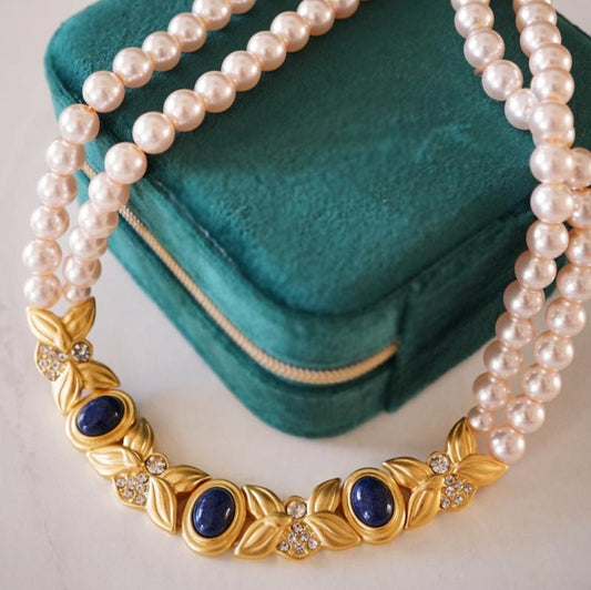 Baroque Pink Pearl Necklace with Lapis Lazuli