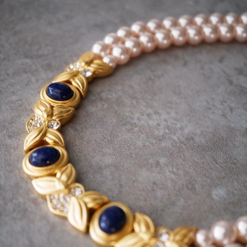 Baroque Pink Pearl Necklace with Lapis Lazuli