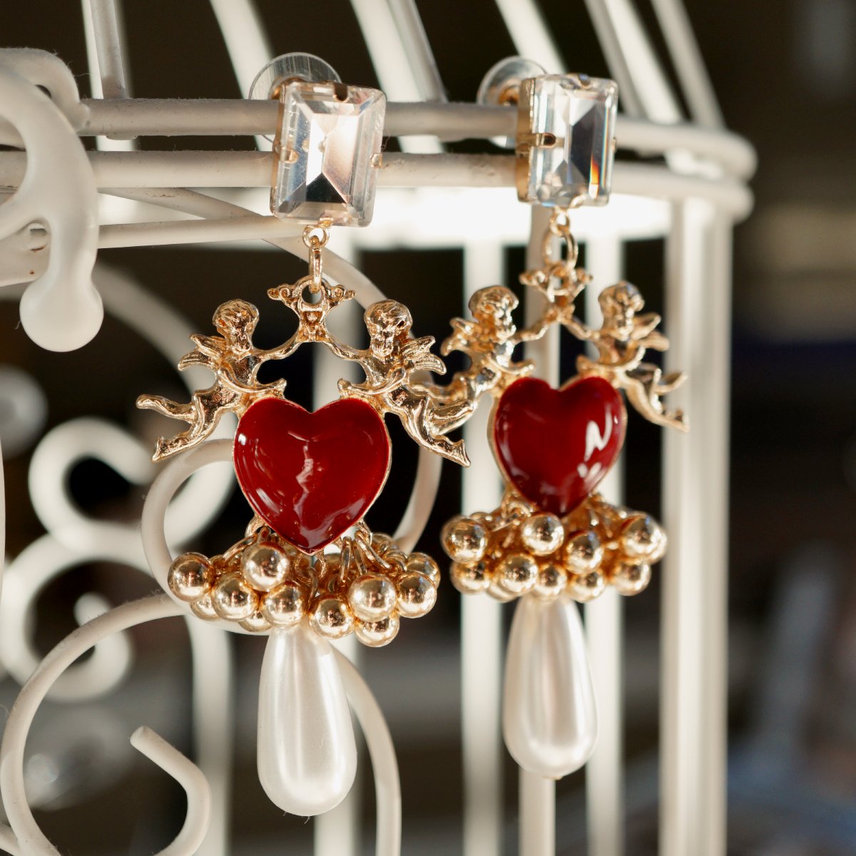 Cupid Earrings with Red Heart and Pearl Drop