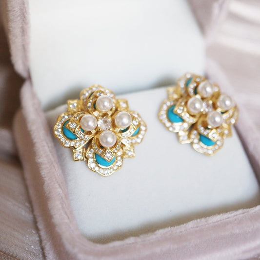 Versailles Turquoise and Pearls Stud Earrings