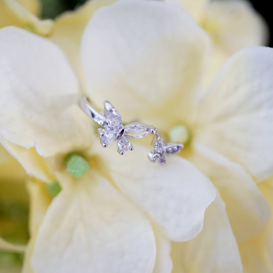 RosyCozy Double Butterfly Ring with sparkling crystals, 18K white gold plated finish