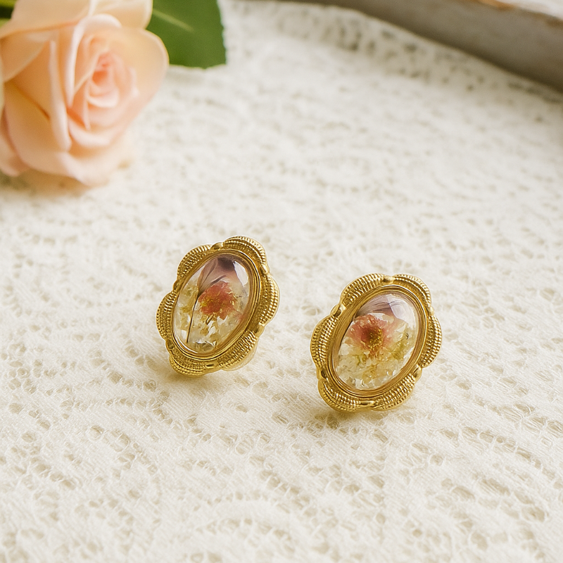 RosyCozy Dry Floral Gold Plated Earrings featuring real dried flowers in clear resin