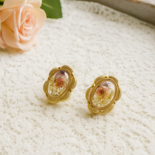 RosyCozy Dry Floral Gold Plated Earrings featuring real dried flowers in clear resin