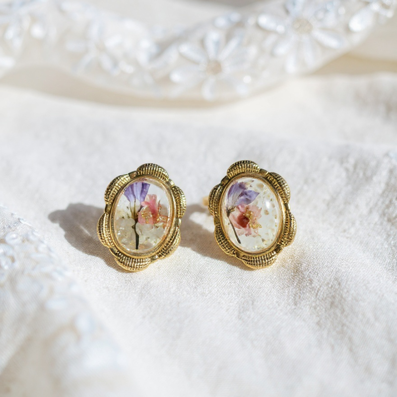 RosyCozy Dry Floral Gold Plated Earrings featuring real dried flowers in clear resin