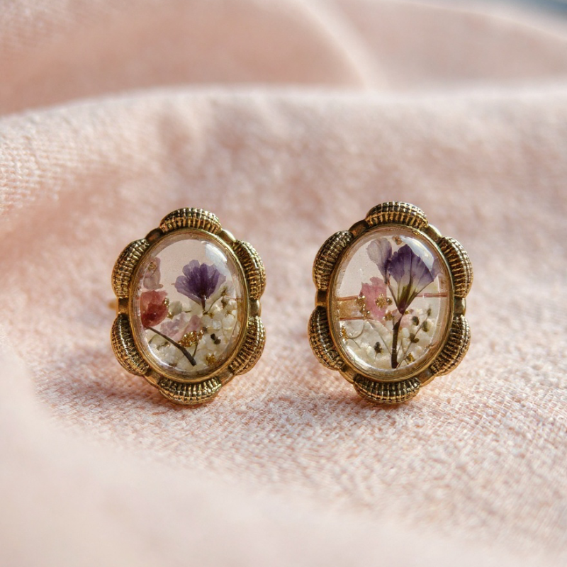 RosyCozy Dry Floral Gold Plated Earrings featuring real dried flowers in clear resin