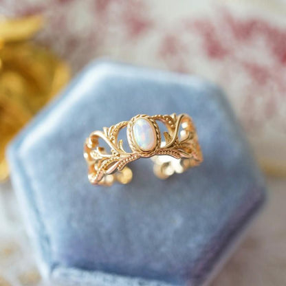 RosyCozy Exquisite Vintage Opal Filigree Ring with intricate gold-plated design