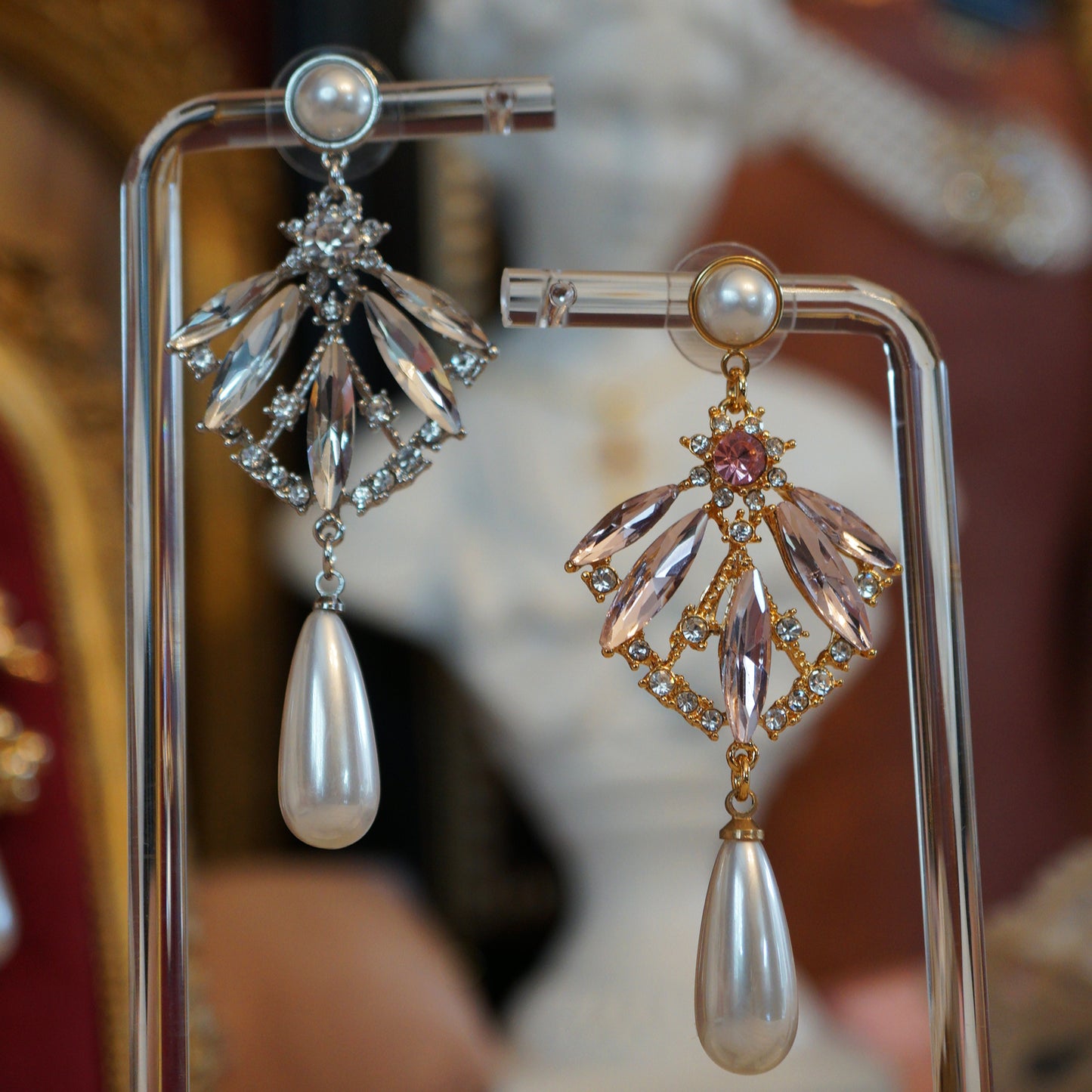 Fan-shape Crystal Petal Pearl Drop Earrings