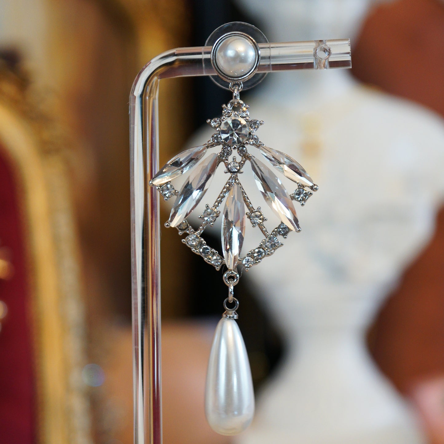 Fan-shape Crystal Petal Pearl Drop Earrings