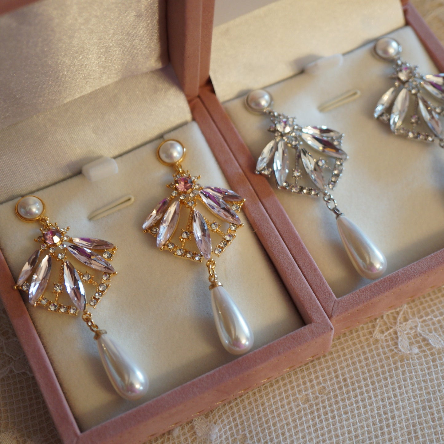 Fan-shape Crystal Petal Pearl Drop Earrings