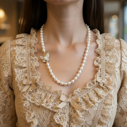 Elegant Freshwater Pearl Necklace with 18K Gold Plated Butterfly Charm