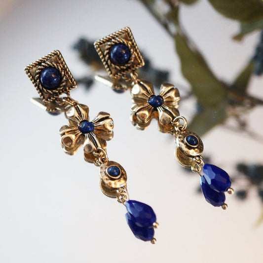 RosyCozy Midnight Bloom Earrings with vintage blue floral design and gold accents