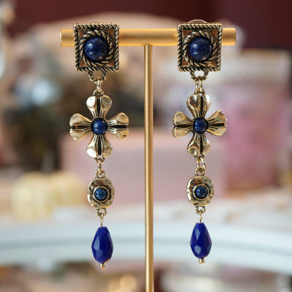 RosyCozy Midnight Bloom Earrings with vintage blue floral design and gold accents