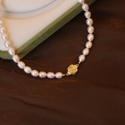 Freshwater Pearl Necklace with Gold Rose Clasp