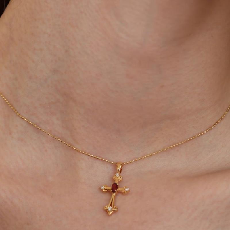 18k Gold-Plated Cross Pendant Necklace with Red Zircon