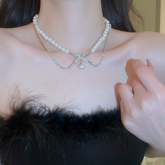 Bow Pearl Choker with Rhinestones