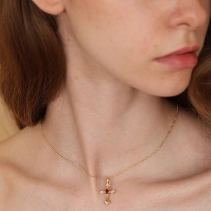 18k Gold-Plated Cross Pendant Necklace with Red Zircon