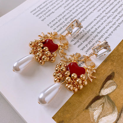 Cupid Earrings with Red Heart and Pearl Drop