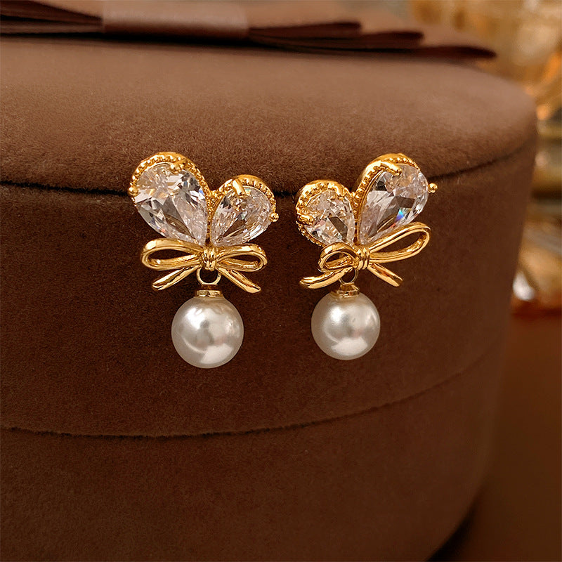 Bow Crystal and Pearl Earrings