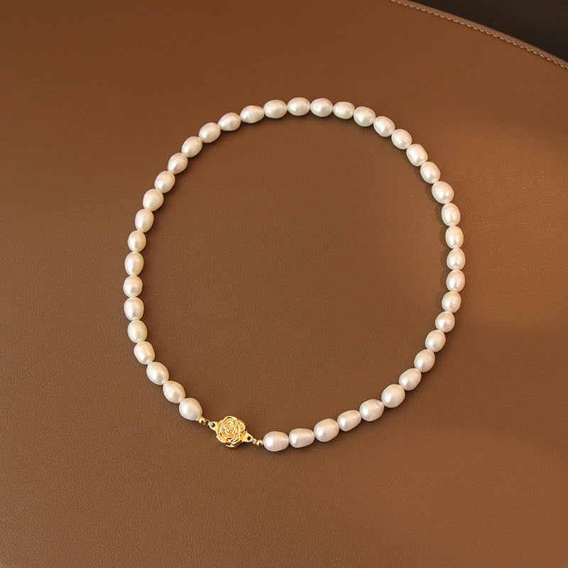 Freshwater Pearl Necklace with Gold Rose Clasp