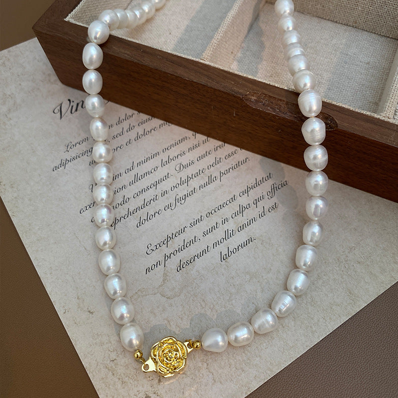 Freshwater Pearl Necklace with Gold Rose Clasp