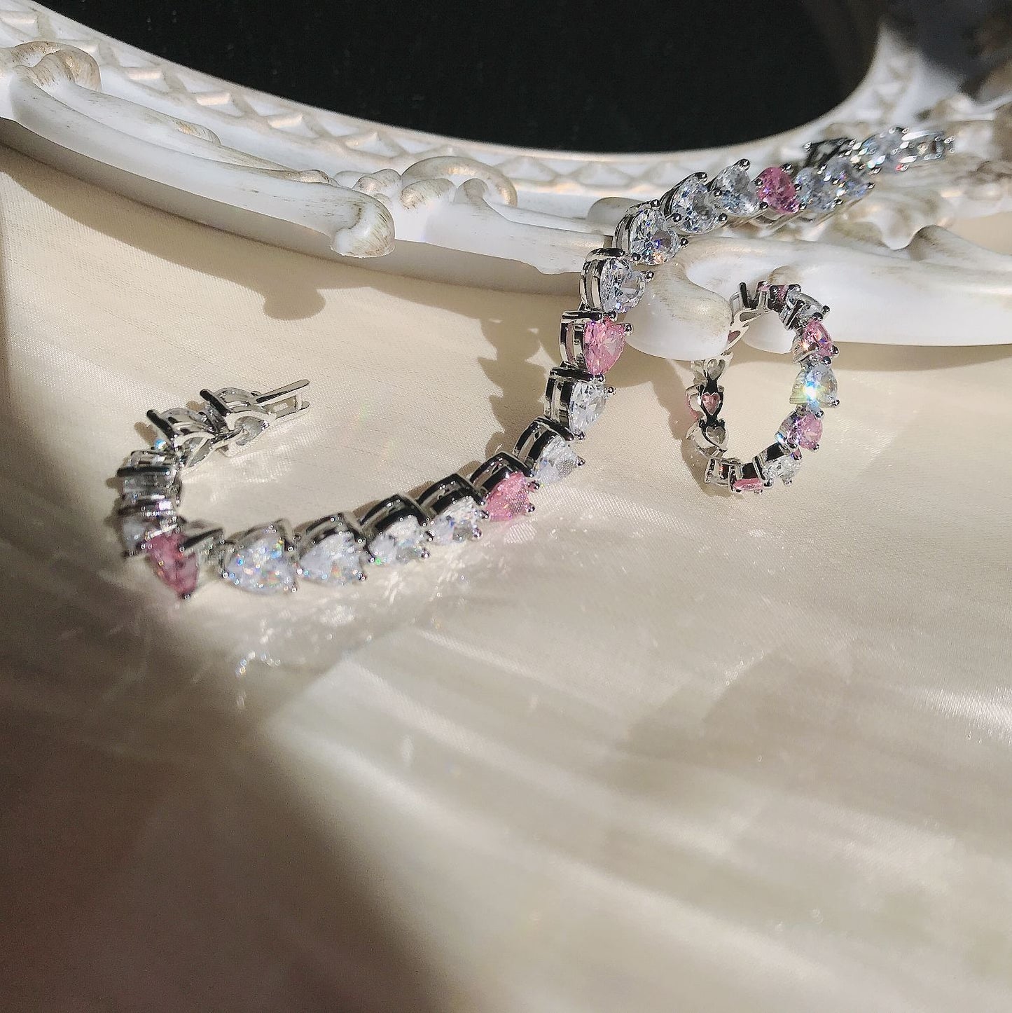 18K White Gold Plated Pink Heart Zircon Bracelet