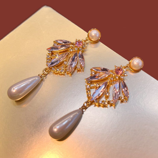 Pink Zircon & Pearl Teardrop Earrings