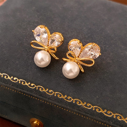 Bow Crystal and Pearl Earrings