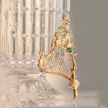 Vintage Harp Brooch with Green Zircon Accent