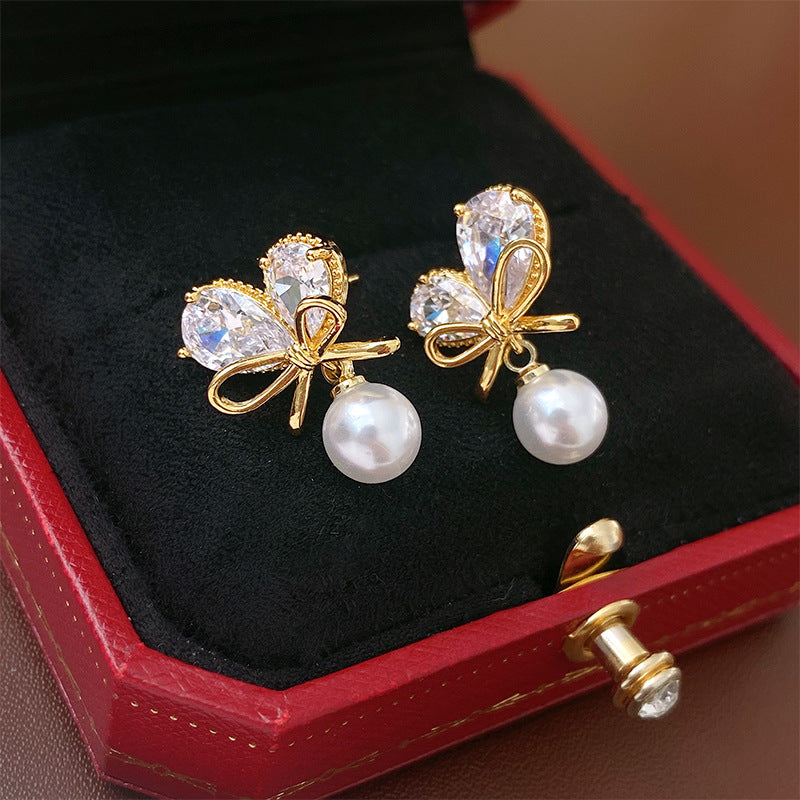 Bow Crystal and Pearl Earrings