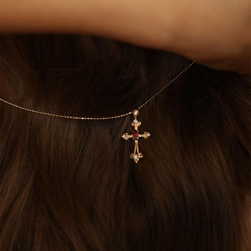 18k Gold-Plated Cross Pendant Necklace with Red Zircon