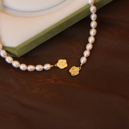 Freshwater Pearl Necklace with Gold Rose Clasp