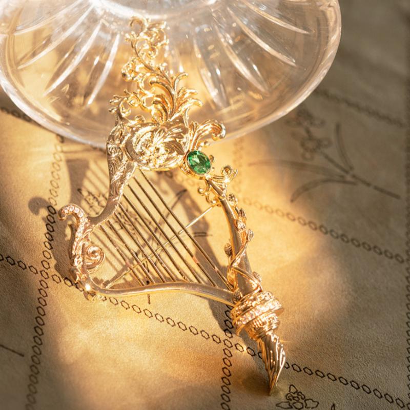 Vintage Harp Brooch with Green Zircon Accent