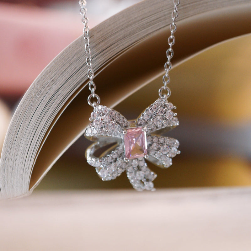 RosyCozy Pink Sapphire and Crystal Ribbon Pendant Necklace with 14k gold plating