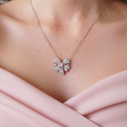 RosyCozy Pink Sapphire and Crystal Ribbon Pendant Necklace with 14k gold plating