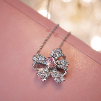 RosyCozy Pink Sapphire and Crystal Ribbon Pendant Necklace with 14k gold plating