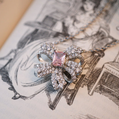 RosyCozy Pink Sapphire and Crystal Ribbon Pendant Necklace with 14k gold plating